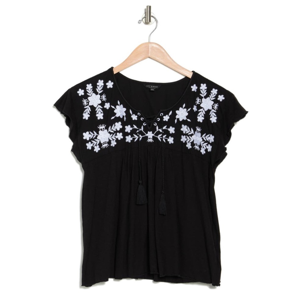 LUCKY BRAND- Tassel Embroidered Top